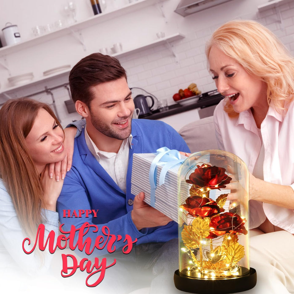 Christmas Eternal Rose in Glass Dome - Beauty and the Beast Inspired Keepsake, Lasting Floral Gift for Mom/Wife/Grandma, Luxury Preserved Roses with LED Light for Birthday/Anniversary