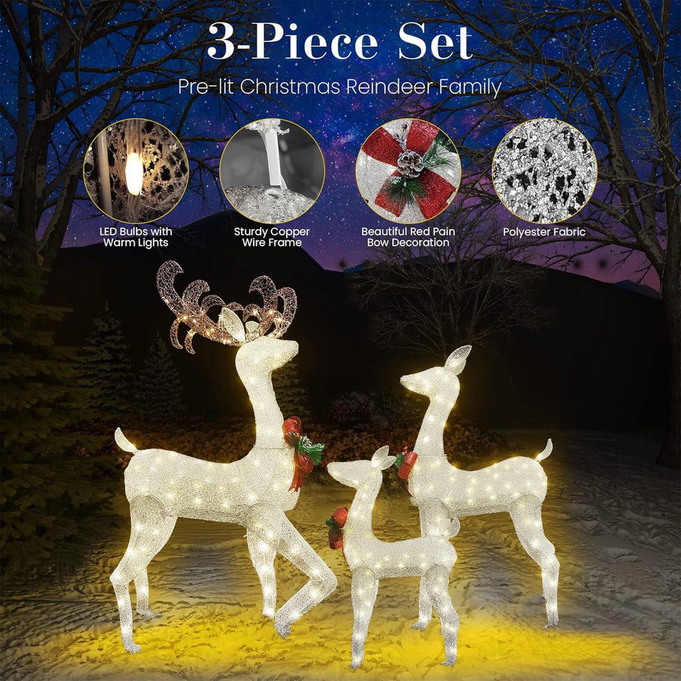 3-Piece Lighted Christmas Reindeer Family, Outdoor Indoor Christmas Decorations for Yards Garden Lawn Patio, Holiday Light up Decorations W/ 210 LED Lights, Stakes, Zip Ties