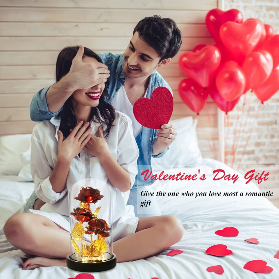 Christmas Eternal Rose in Glass Dome - Beauty and the Beast Inspired Keepsake, Lasting Floral Gift for Mom/Wife/Grandma, Luxury Preserved Roses with LED Light for Birthday/Anniversary