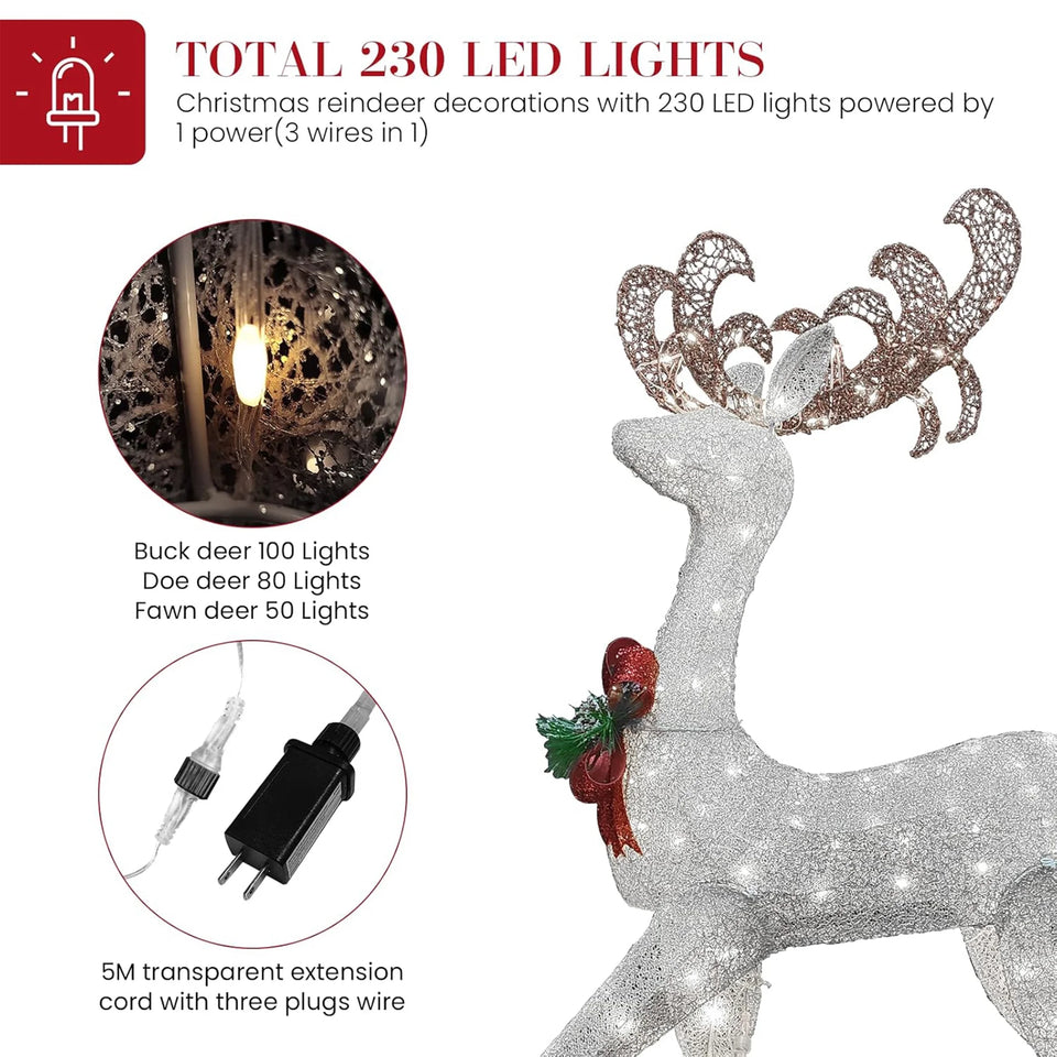 3-Piece Lighted Christmas Reindeer Family, Outdoor Indoor Christmas Decorations for Yards Garden Lawn Patio, Holiday Light up Decorations W/ 210 LED Lights, Stakes, Zip Ties