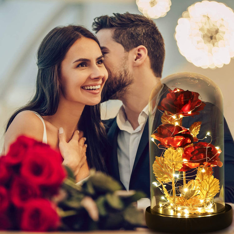 Christmas Eternal Rose in Glass Dome - Beauty and the Beast Inspired Keepsake, Lasting Floral Gift for Mom/Wife/Grandma, Luxury Preserved Roses with LED Light for Birthday/Anniversary