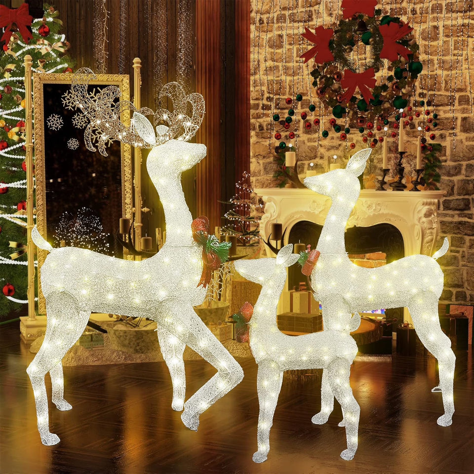 3-Piece Lighted Christmas Reindeer Family, Outdoor Indoor Christmas Decorations for Yards Garden Lawn Patio, Holiday Light up Decorations W/ 210 LED Lights, Stakes, Zip Ties