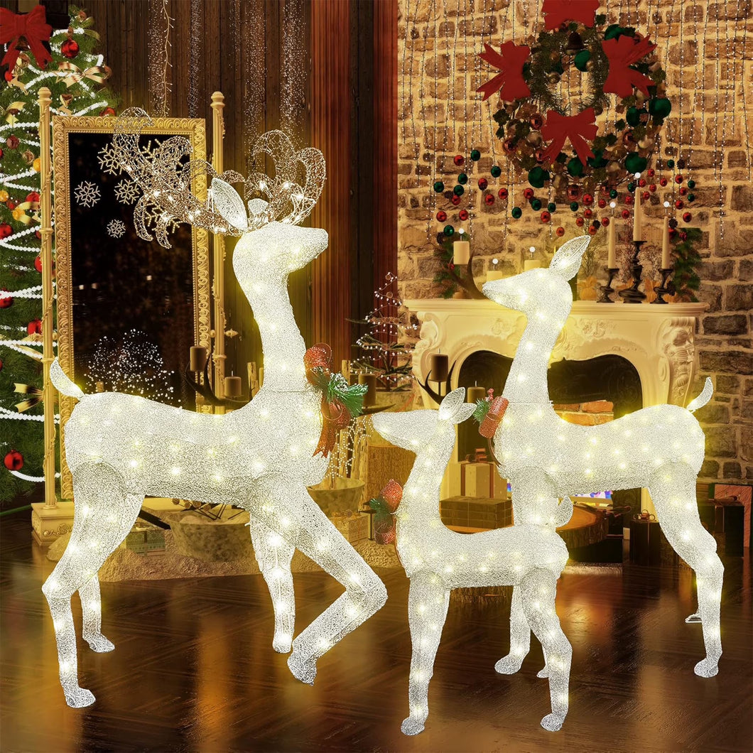 3-Piece Lighted Christmas Reindeer Family, Outdoor Indoor Christmas Decorations for Yards Garden Lawn Patio, Holiday Light up Decorations W/ 210 LED Lights, Stakes, Zip Ties