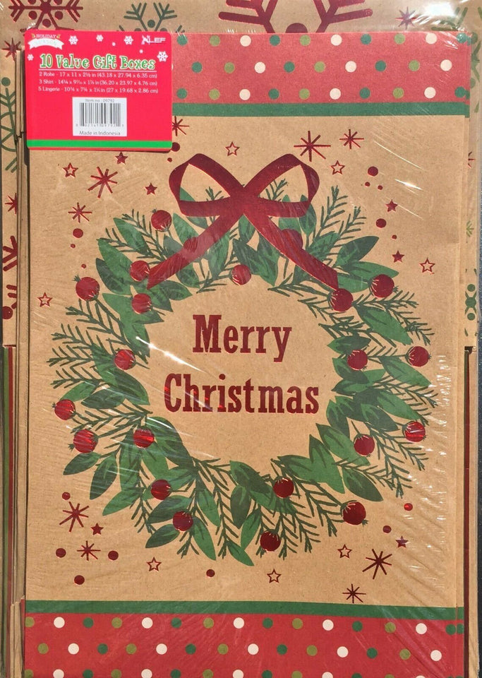 10 Christmas Gift Boxes Foil Decorated Kraft : 3 Shirt + 5 Lingerie+ 2 Robe