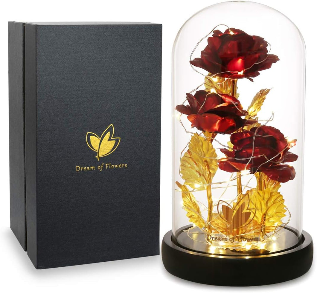 Christmas Eternal Rose in Glass Dome - Beauty and the Beast Inspired Keepsake, Lasting Floral Gift for Mom/Wife/Grandma, Luxury Preserved Roses with LED Light for Birthday/Anniversary