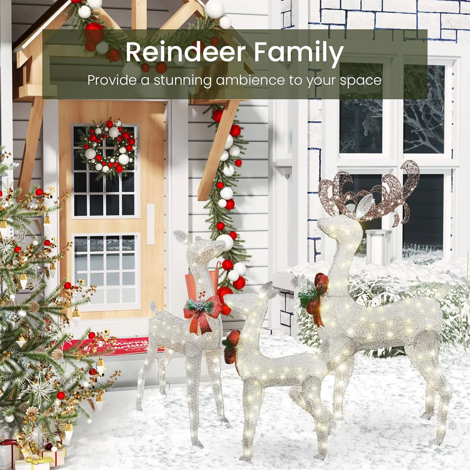 3-Piece Lighted Christmas Reindeer Family, Outdoor Indoor Christmas Decorations for Yards Garden Lawn Patio, Holiday Light up Decorations W/ 210 LED Lights, Stakes, Zip Ties