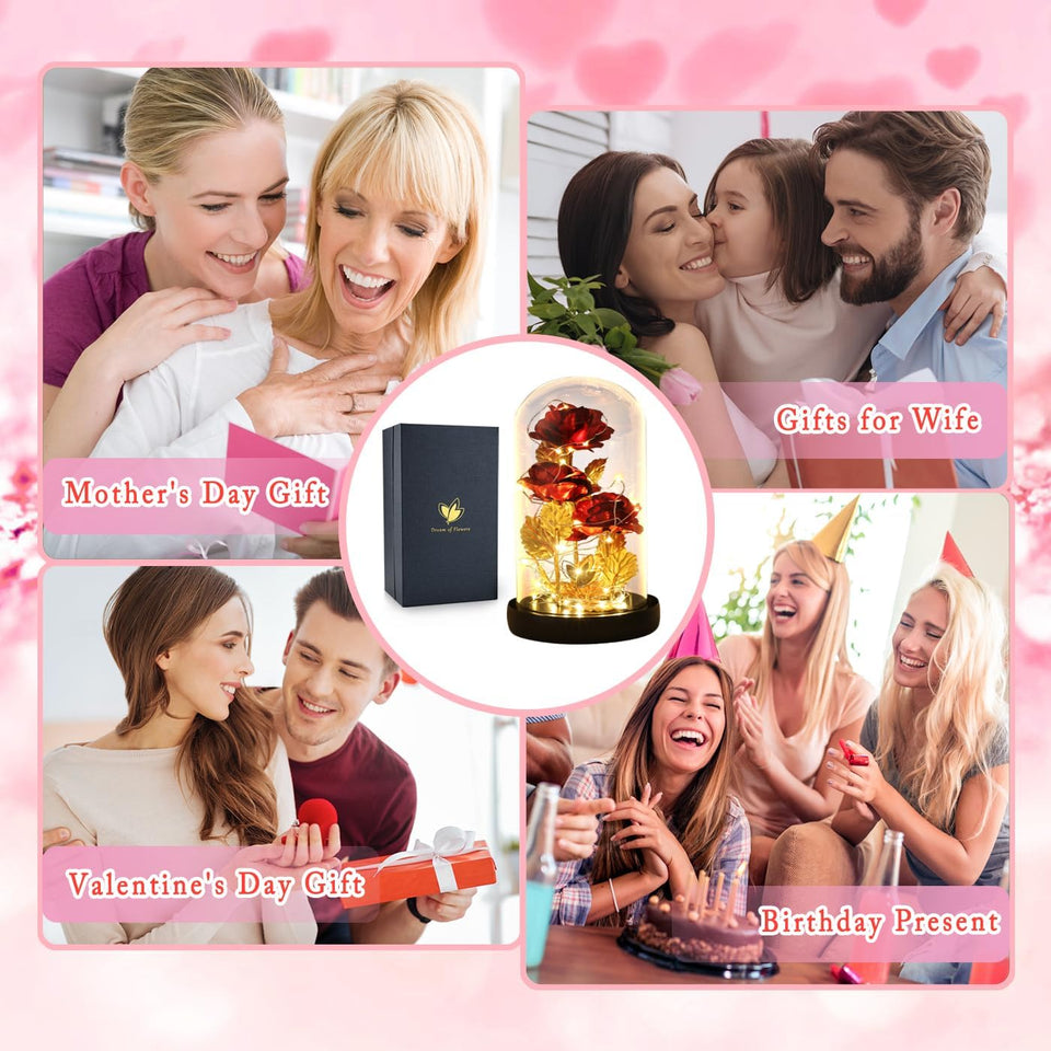 Christmas Eternal Rose in Glass Dome - Beauty and the Beast Inspired Keepsake, Lasting Floral Gift for Mom/Wife/Grandma, Luxury Preserved Roses with LED Light for Birthday/Anniversary